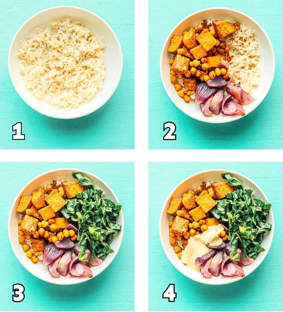 A 4-step image displaying how to assemble a southern style grain bowl. Step 1: rice. Step 2: Potatoes and veggies. Step 3: Collard greens. Step 4: Sauce.