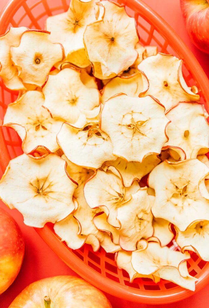 A close up view detailing the texture of oven baked apple chips