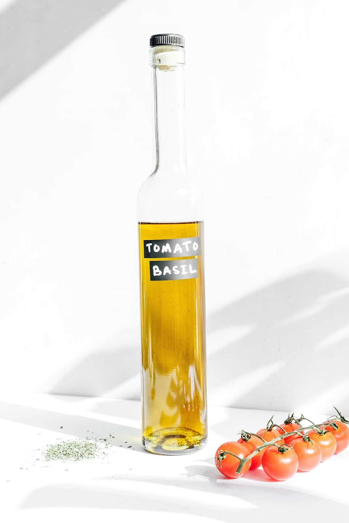 A bottle of tomato basil infused olive oil