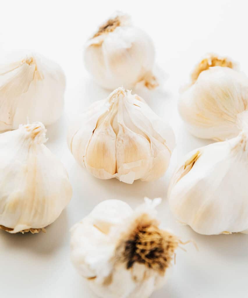 Seven bulbs of garlic arranged on a white background