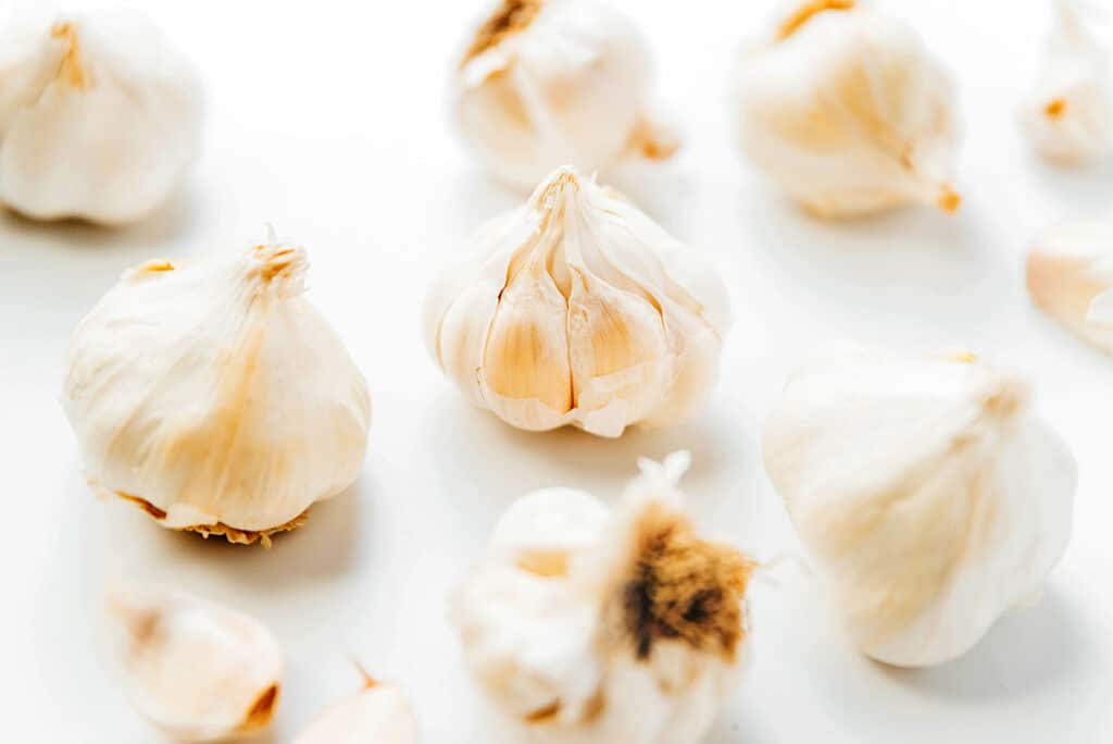Garlic bulbs and cloves arranged neatly on a white background