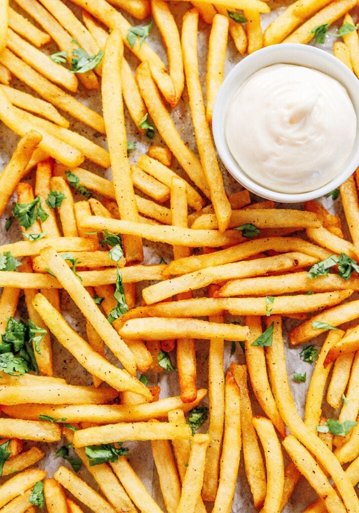 A close up view detailing the texture and seasonings of truffle oil French fries
