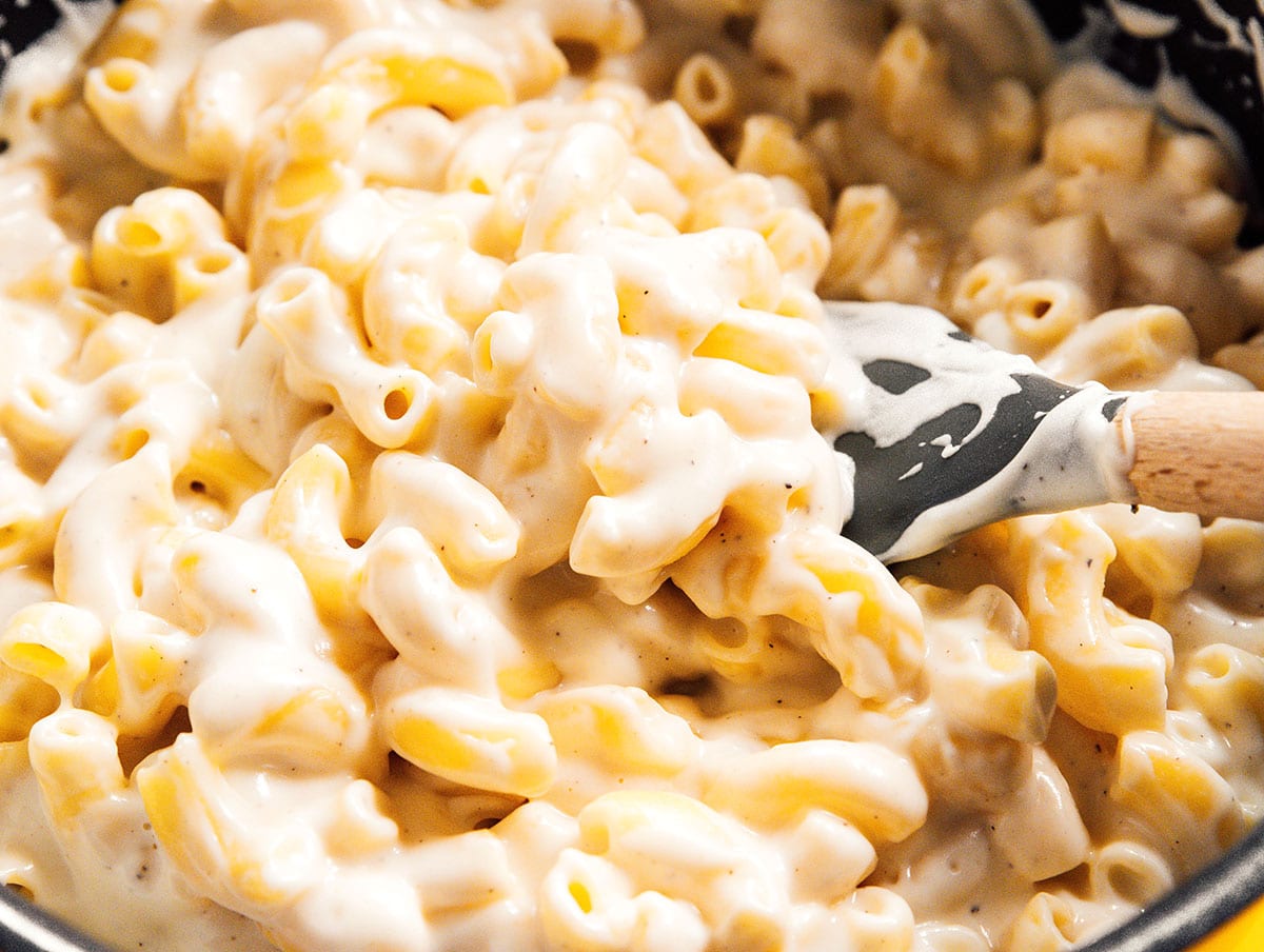 A close up view detailing the texture and creaminess of truffle mac and cheese