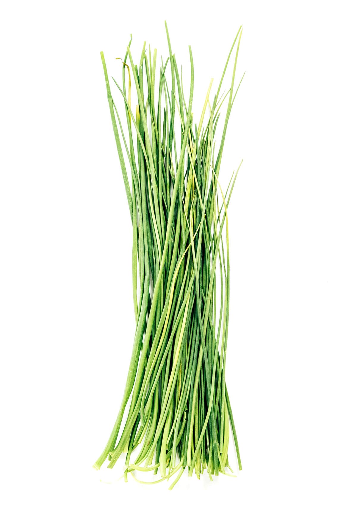 Chives in a glass jar on a white background.