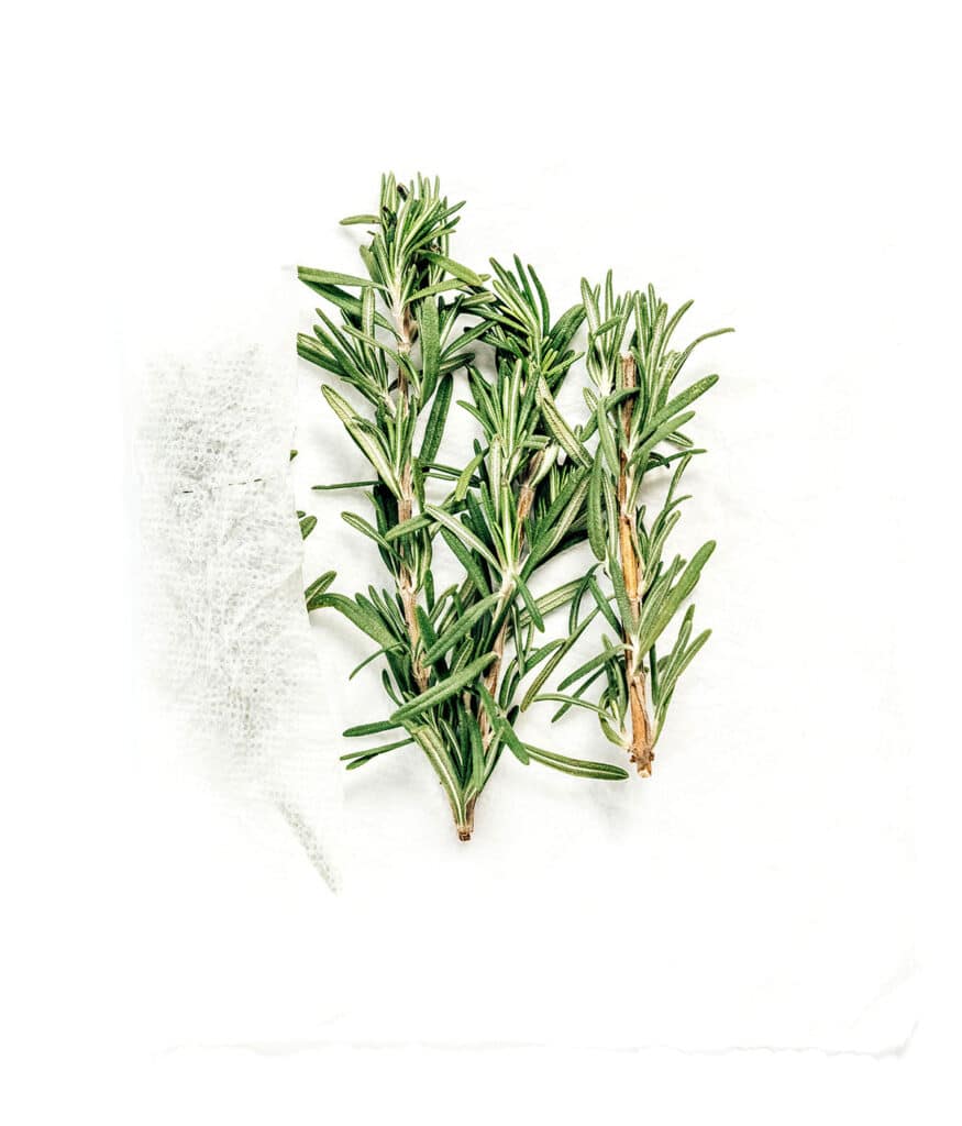 Four rosemary sprigs being laid on a paper towel for storage