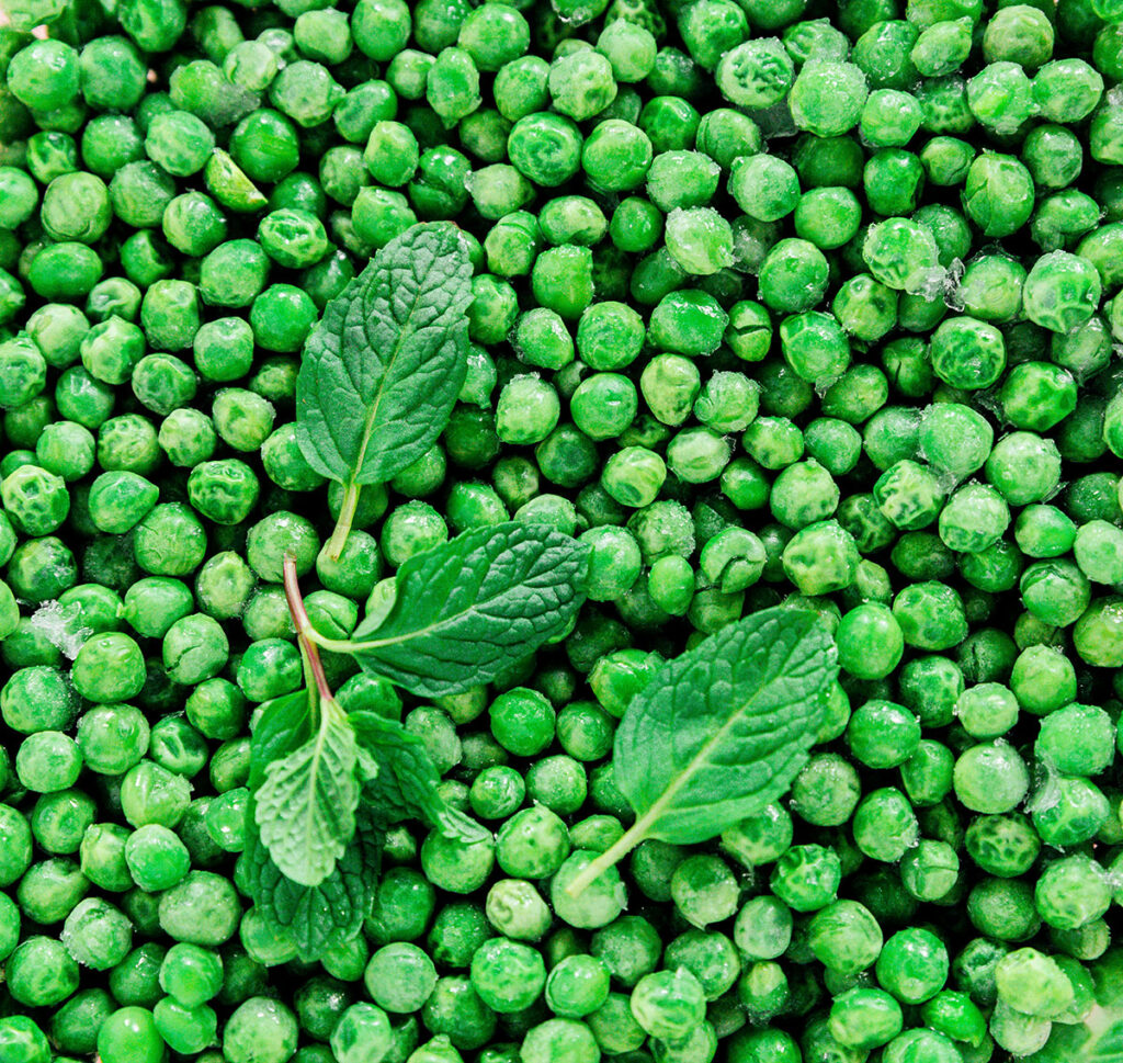 An up close view of a few mint leaves resting on top of a bed of peas
