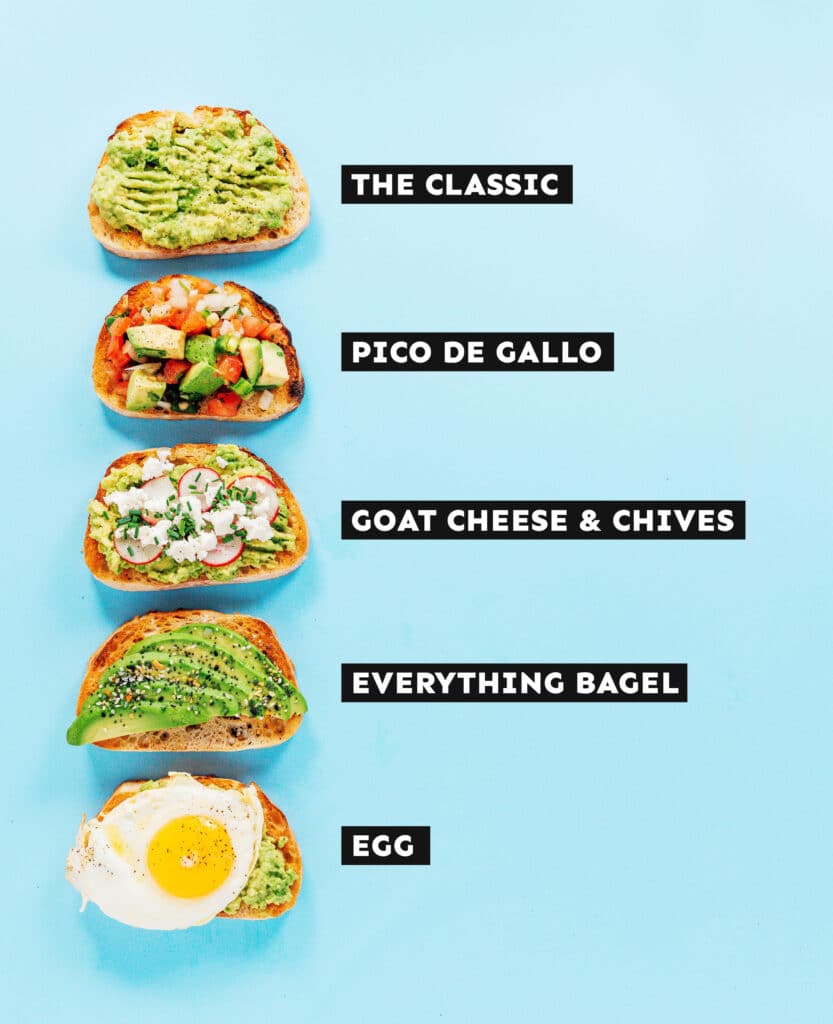 Five different avocado toasts lined up vertically with titles for the classic, pico de gallo, goat cheese and chives, and everything bagel, and egg.