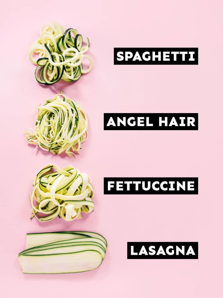 Image of Four types of zucchini noodles on a pink background: spaghetti, angle hair, fettuccine, and lasagna.