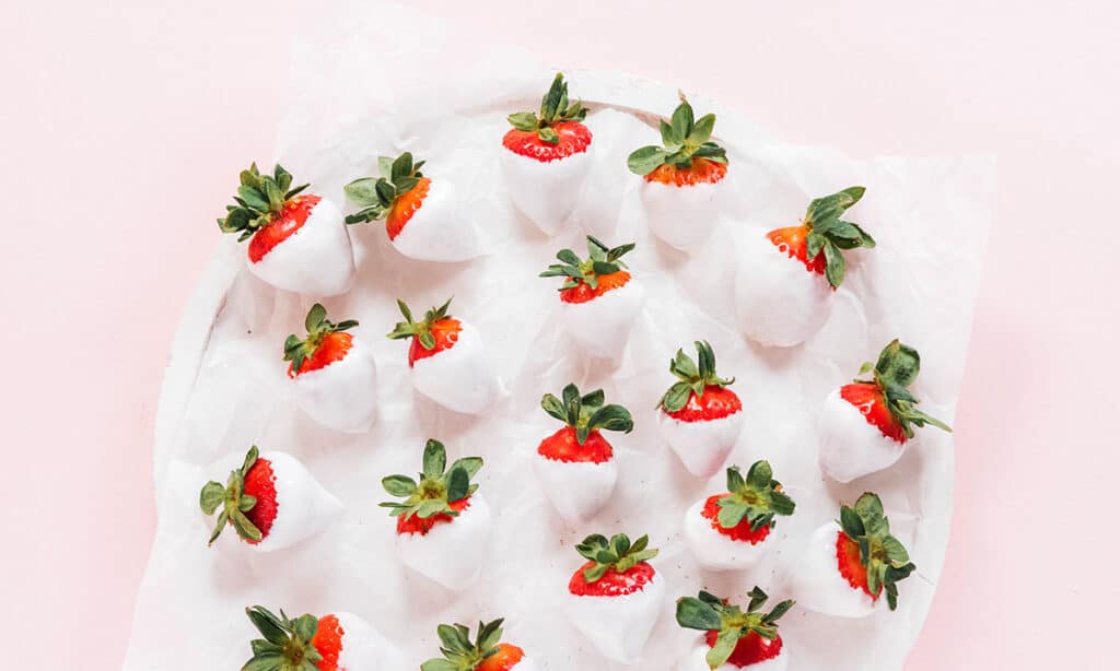 Whole strawberries that have been dipped in plain yogurt and frozen.