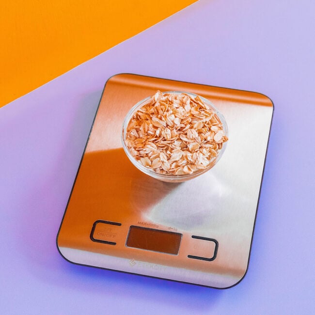A scale with oats on it