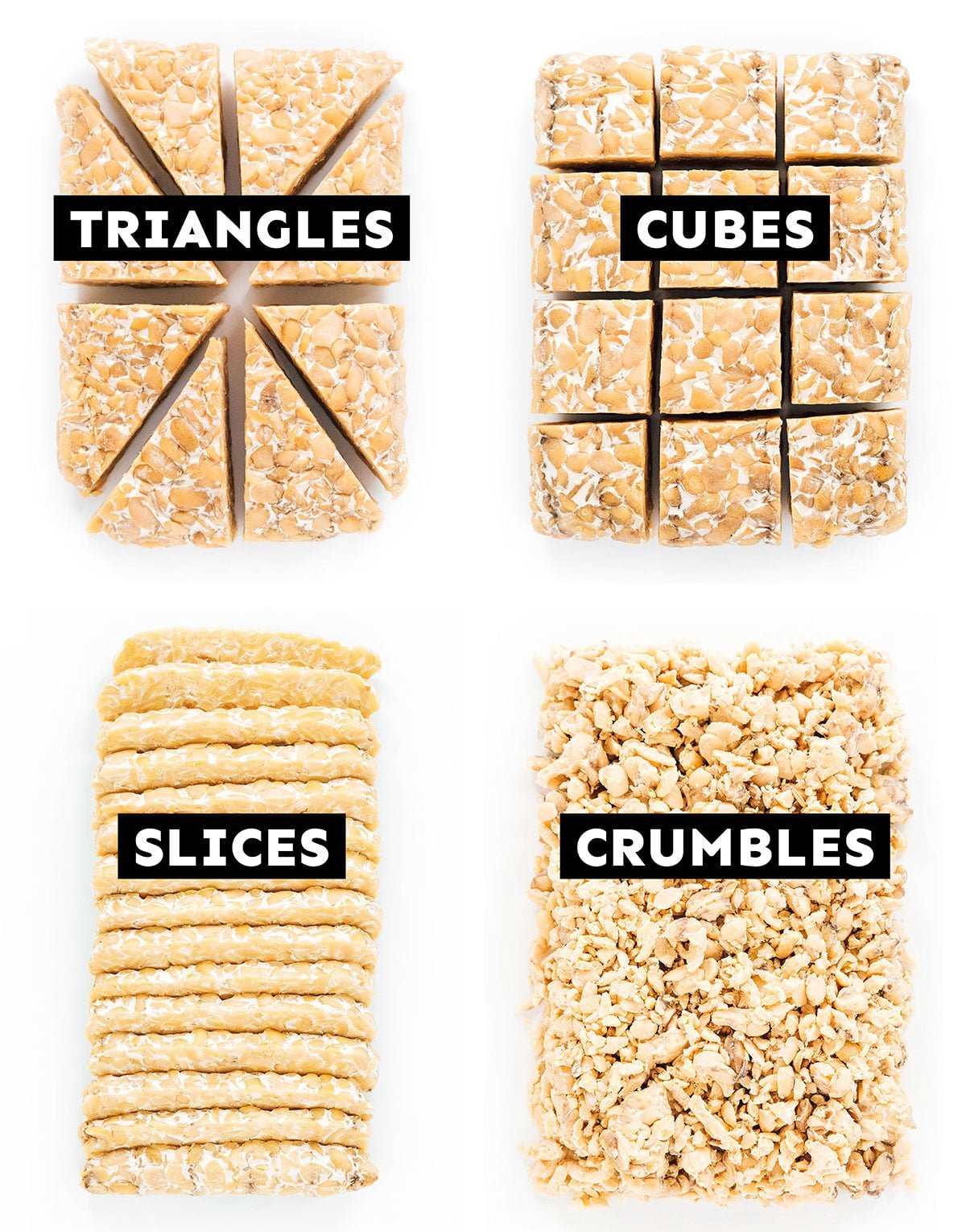 Visual guide to cutting tempeh into triangles, cubes, slices, and crumbles.