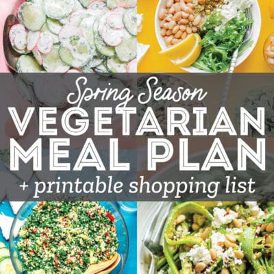 A collage with seasonally spring vegetarian recipes