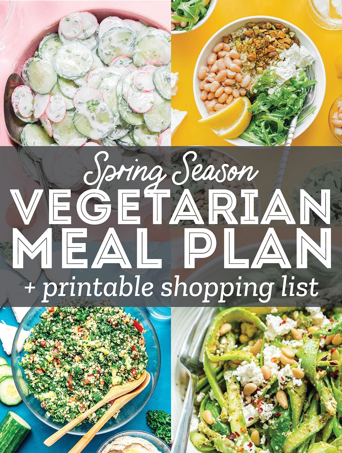 A collage with seasonally spring vegetarian recipes
