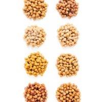 8 mounds of flavored chickpeas on a white background