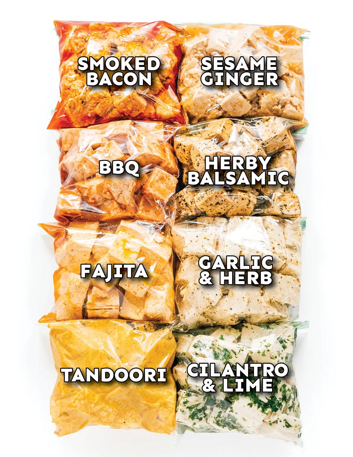 Bags of tofu in 8 different marinade flavors.