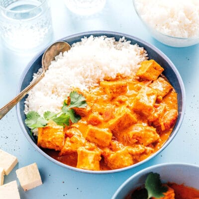 Tofu curry with rice in a blue bowl