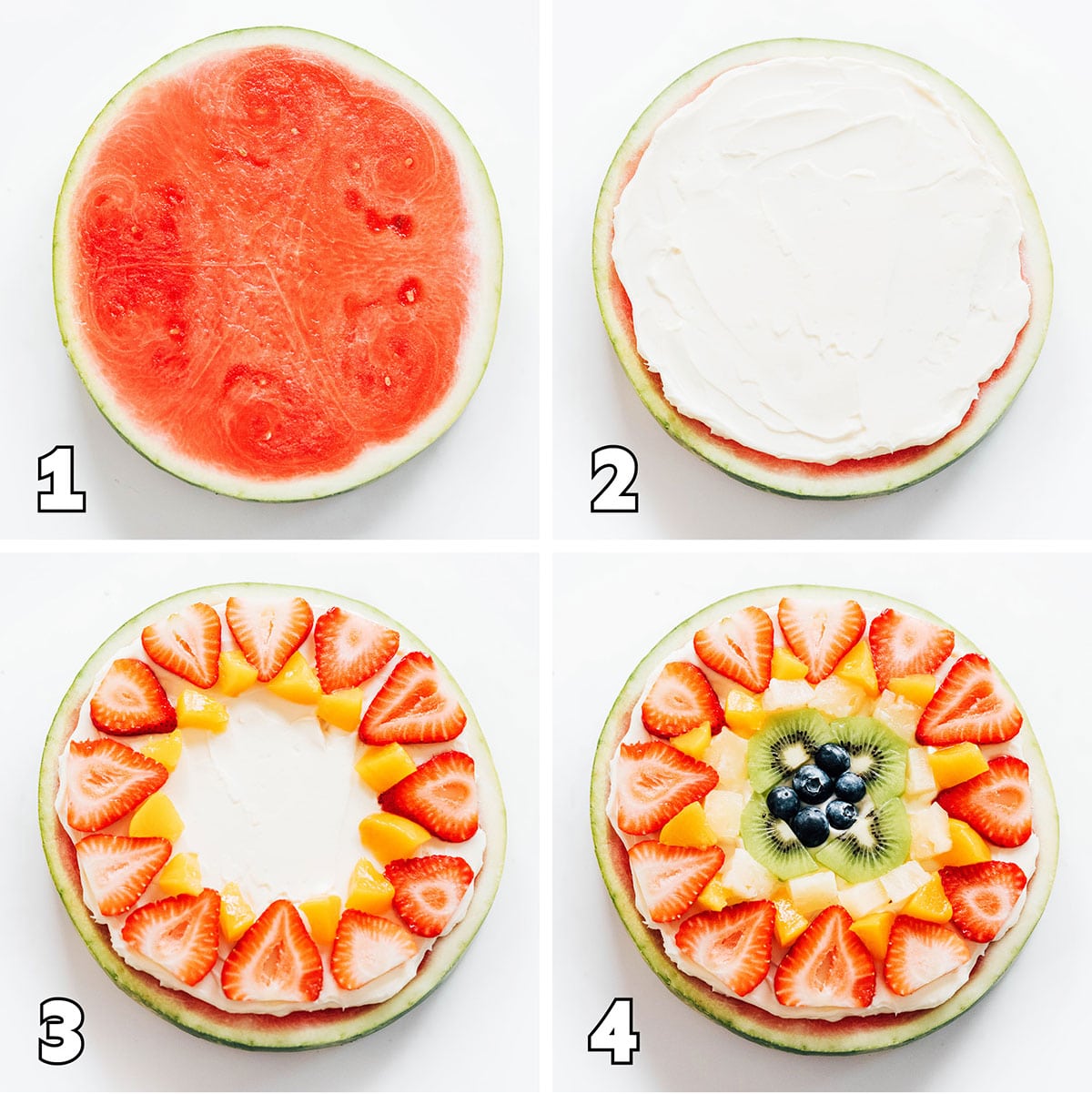 Process collage of frosting and decorating a watermelon slice with fruit.