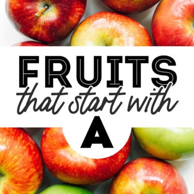 Decorative image that says "fruits that start with A"
