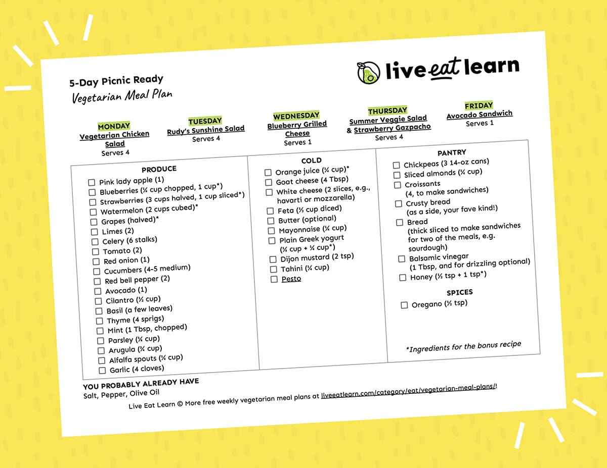 Example grocery list for vegetarian meal plan