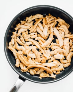Soy curls in a saute pan.