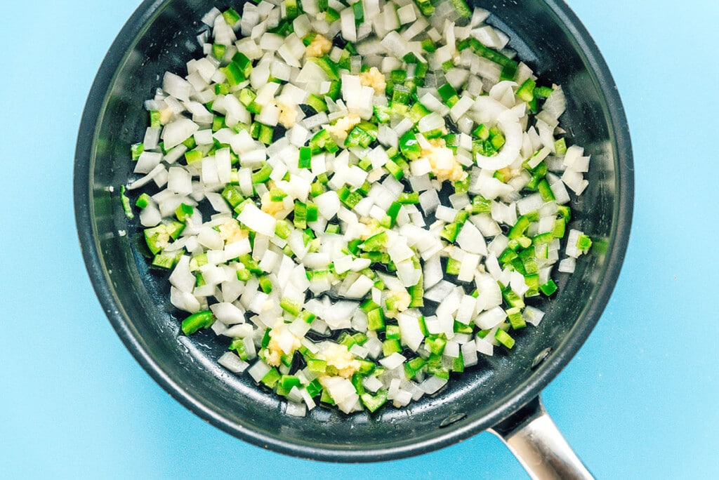 Step 1 onions, jalapeno, and garlic in a saute pan.