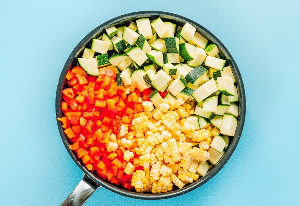 Step 2 zucchini, bell pepper, and corn in the saute pan.