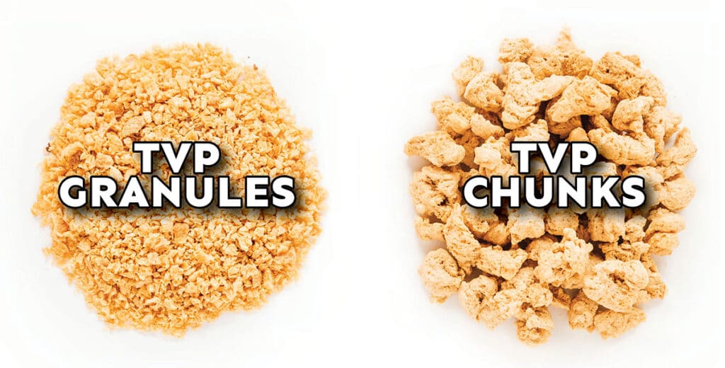 TVP granules on a white background next to TVP chunks to compare.