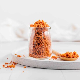 Vegan bacon bits on a white background