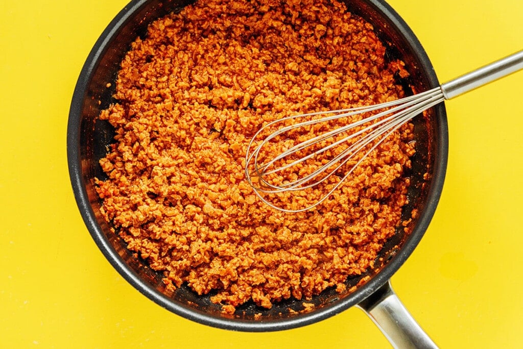 Vegan ground beef in a large skillet.