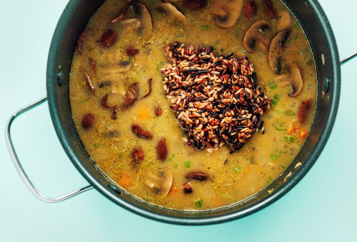 Wild rice soup in a pot