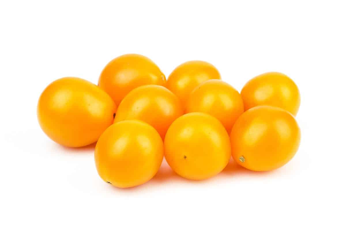Sun gold tomatoes on a white background.