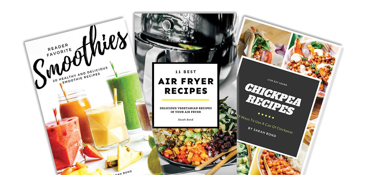 Collage of three free vegetarian cookbooks on Live Eat Learn.