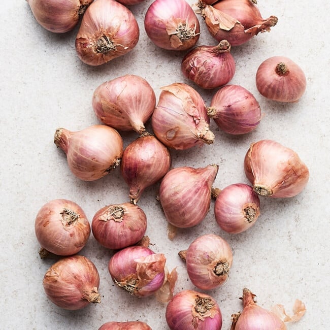 Many shallots on a white counter.
