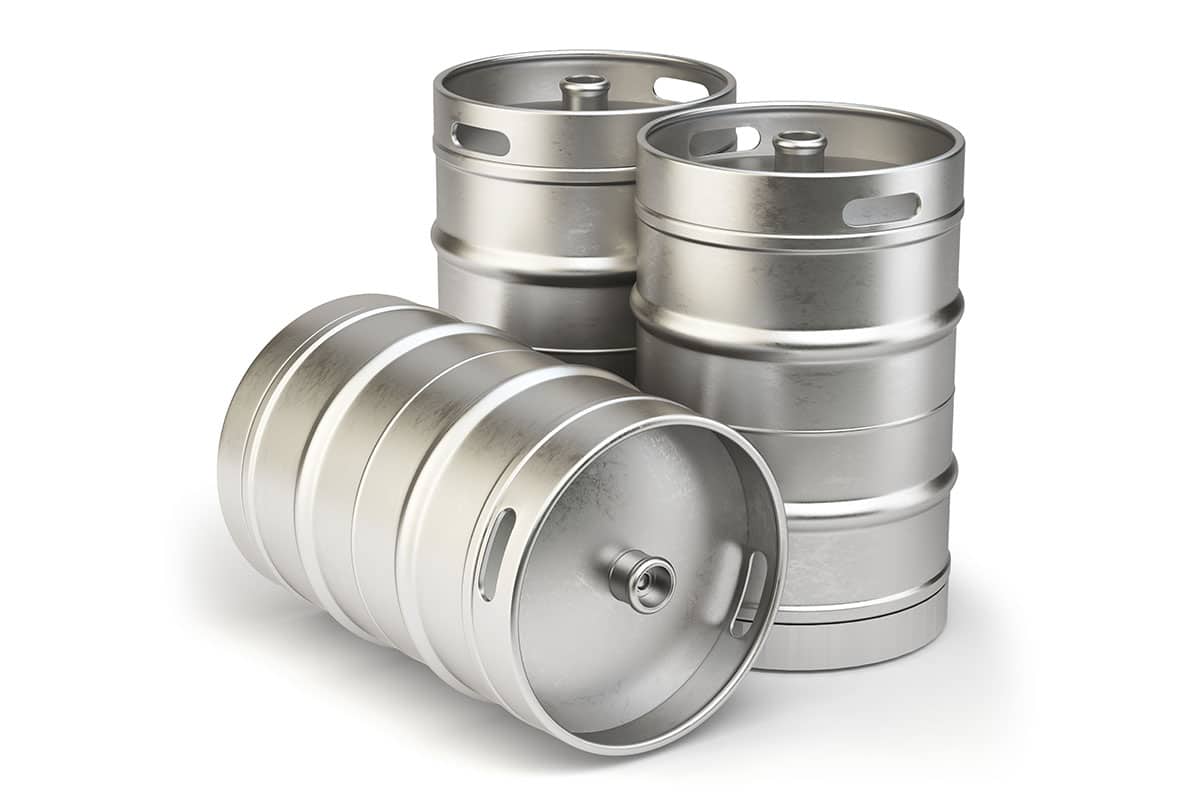 Silver kegs on a white background.