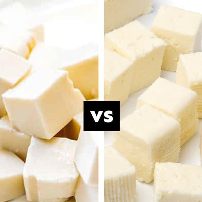 Collage of tofu vs paneer.
