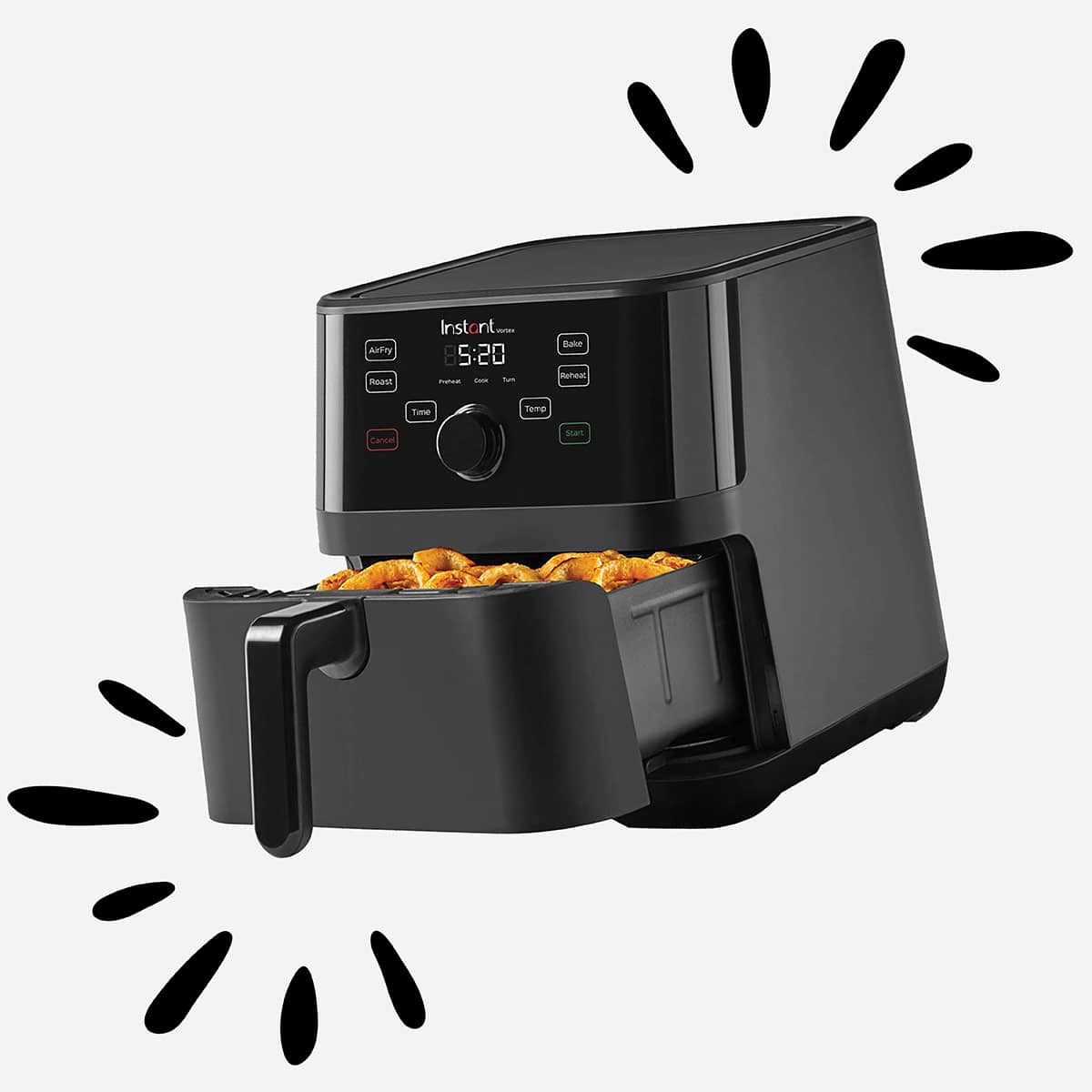 Air fryer with basket.
