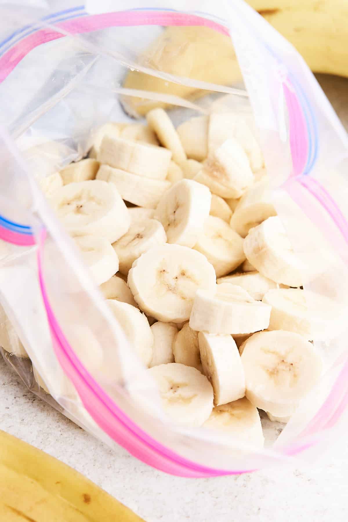 Banana slices in a freezer bag.