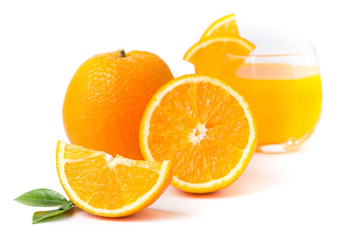 Valencia oranges on a white background.