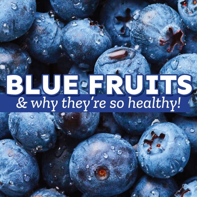 Collage that says "blue fruits"
