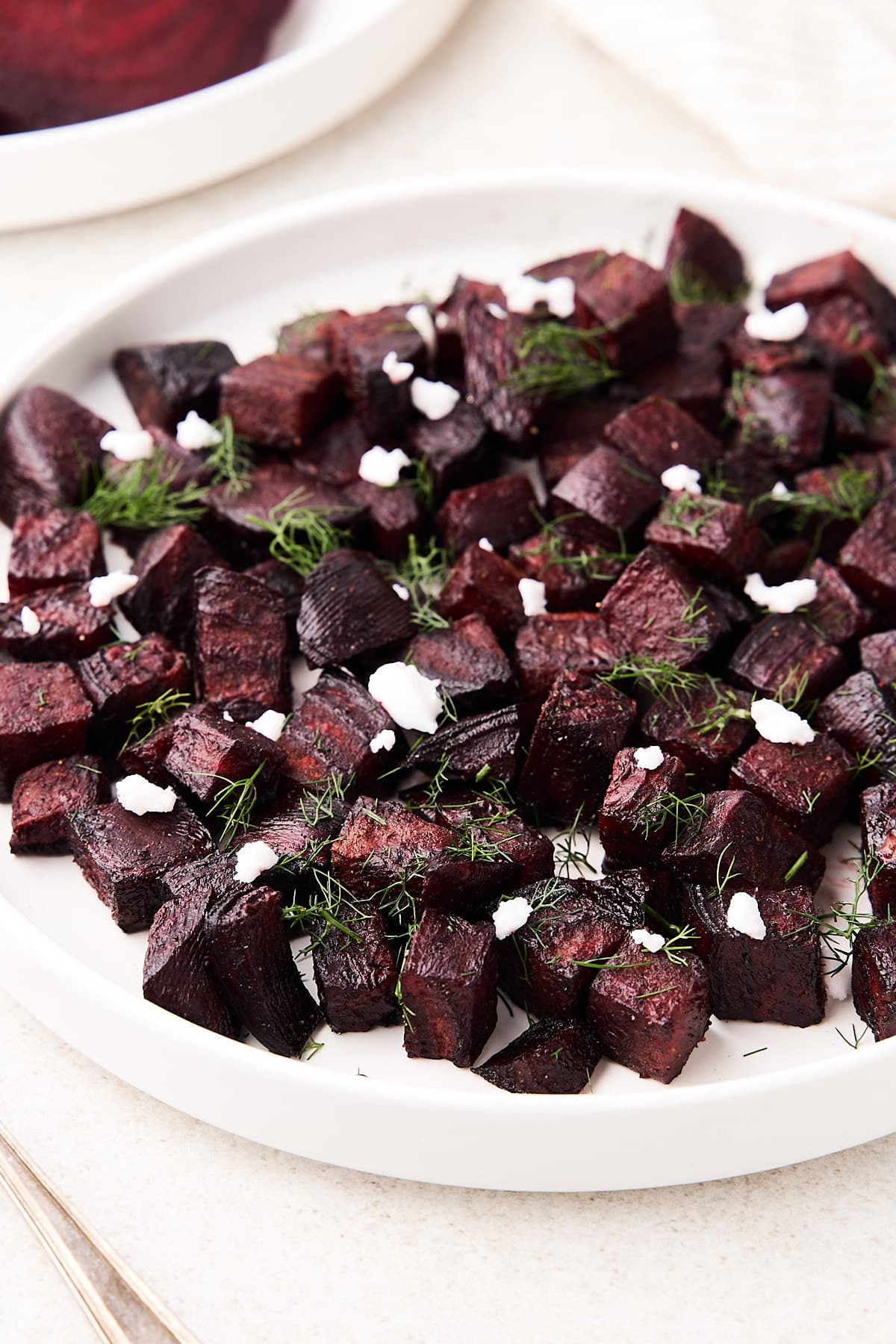 Roasted beet cubes with feta and herbs.