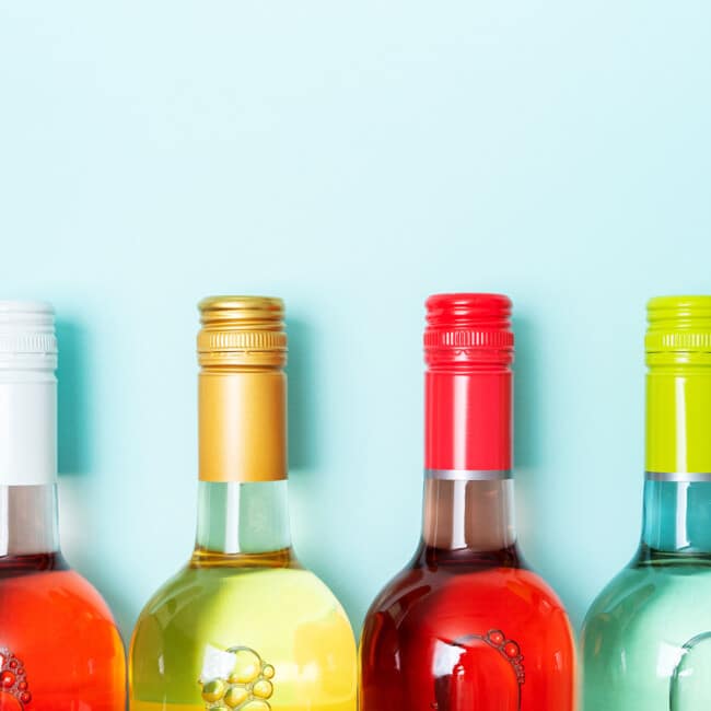Colorful bottles of wine.