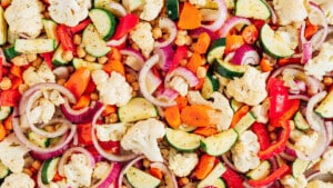 Vegetables close up on a baking sheet.