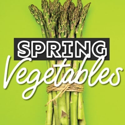 Collage with asparagus that says "spring vegetables"