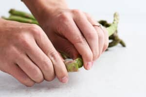 Trimming asparagus stem off by snapping it.