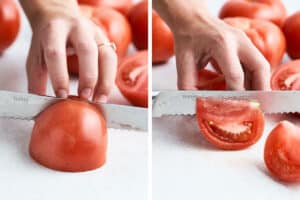 Cutting a tomato into wedges.
