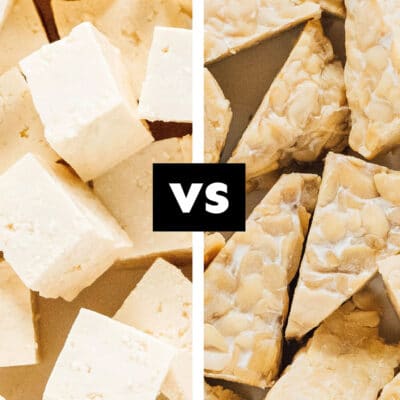 Collage with cubes of tempeh vs tofu