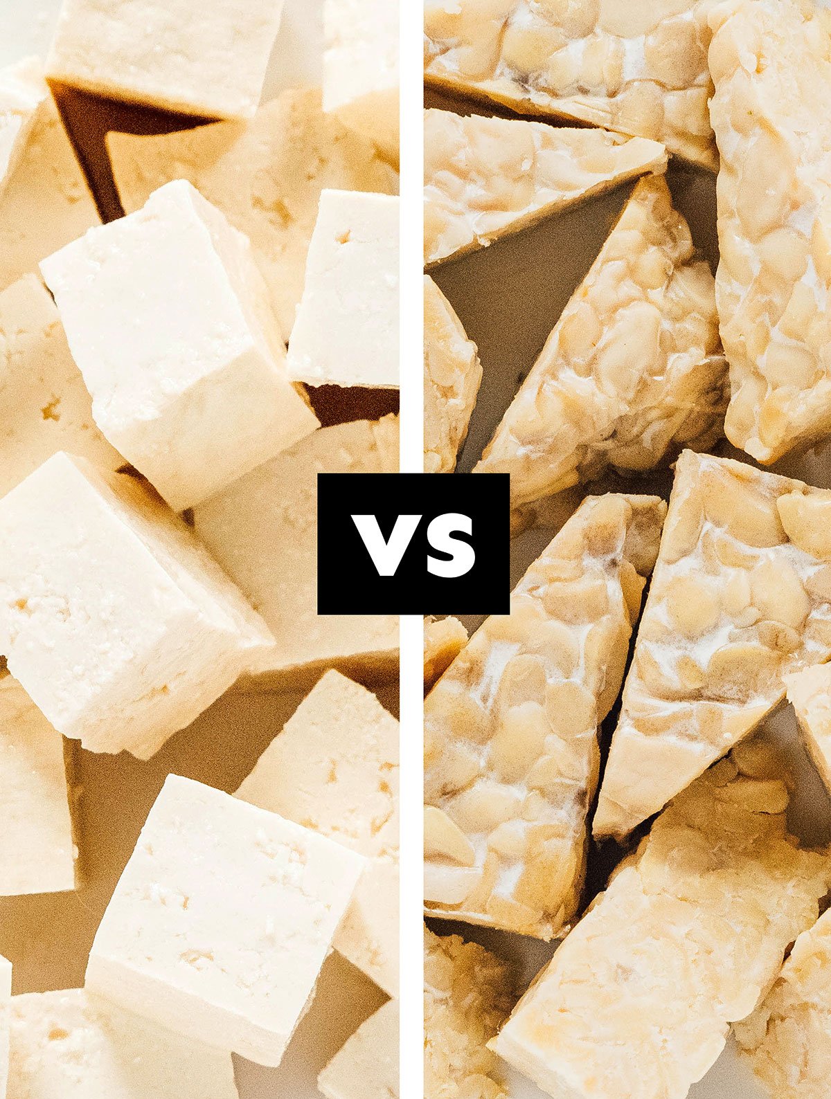 Collage with cubes of tempeh vs tofu
