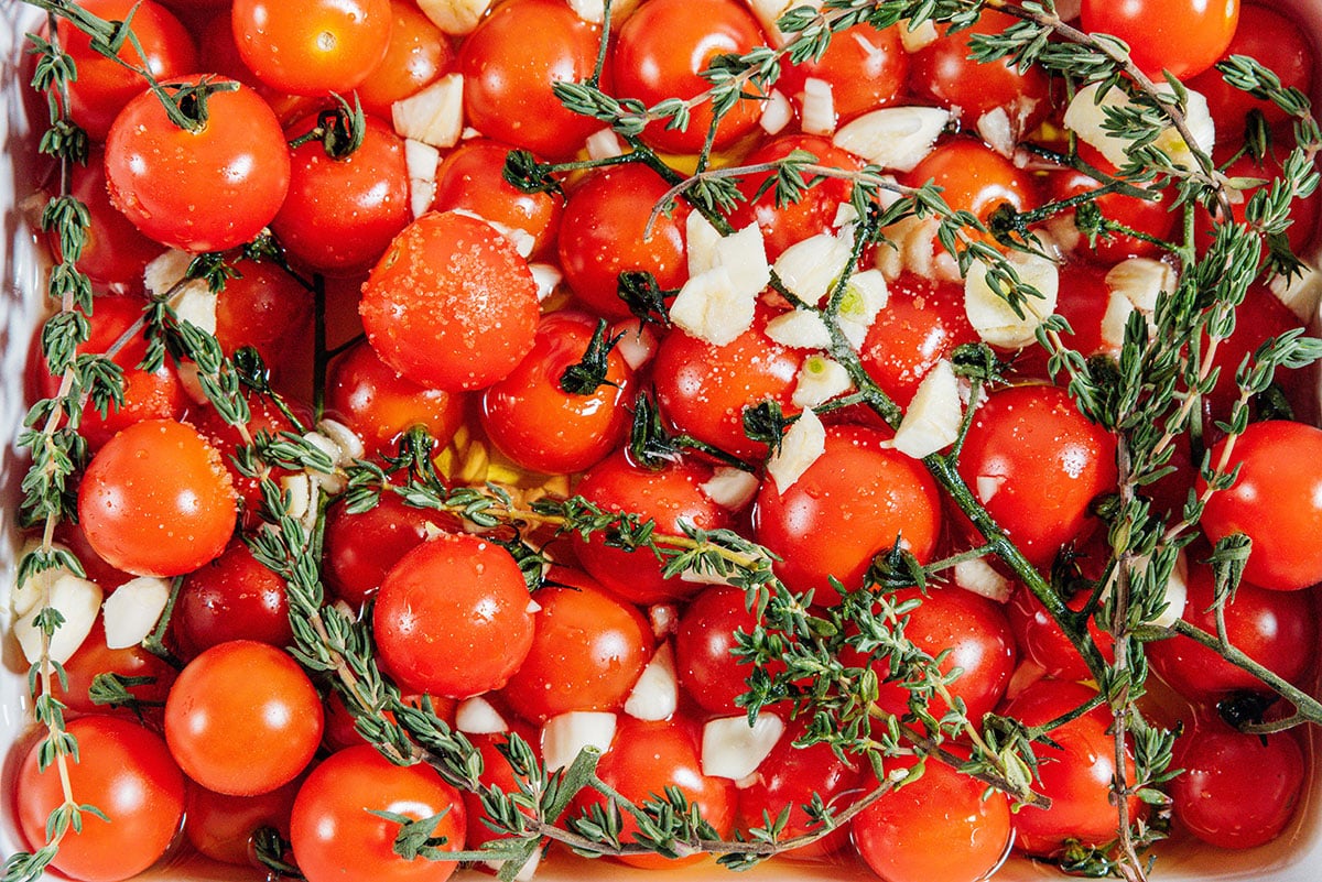 Cherry tomatoes with garlic and herbs.