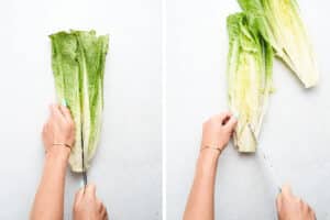 Prepping romaine lettuce.