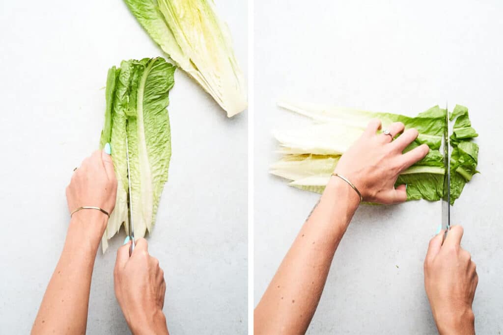 Cutting romaine lettuce into strips.